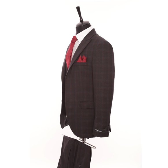 Premium Turkish Suit, Plaid Peak Lapel 3-piece, Burgundy U.S. Sizes - Picture 3 of 5